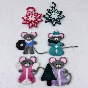 6 Vintage Needlepoint Mouse And Star Christmas Ornaments